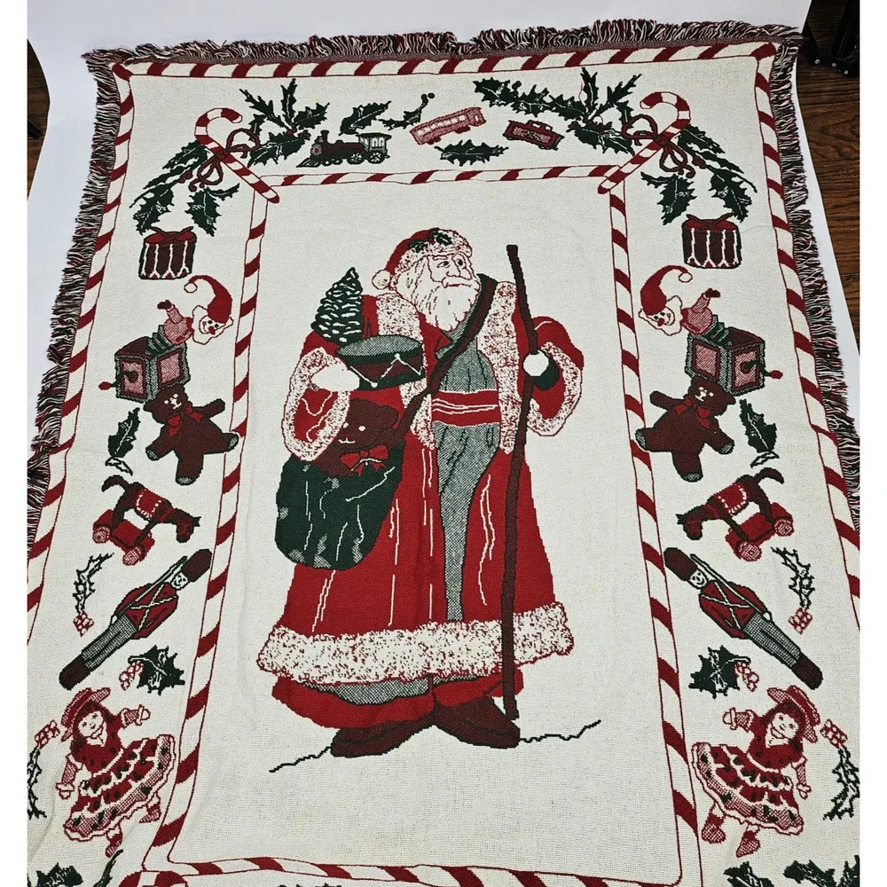 Vintage Christmas Holiday Thrown Blanket Woven Tapestry Santa Claus Reversible